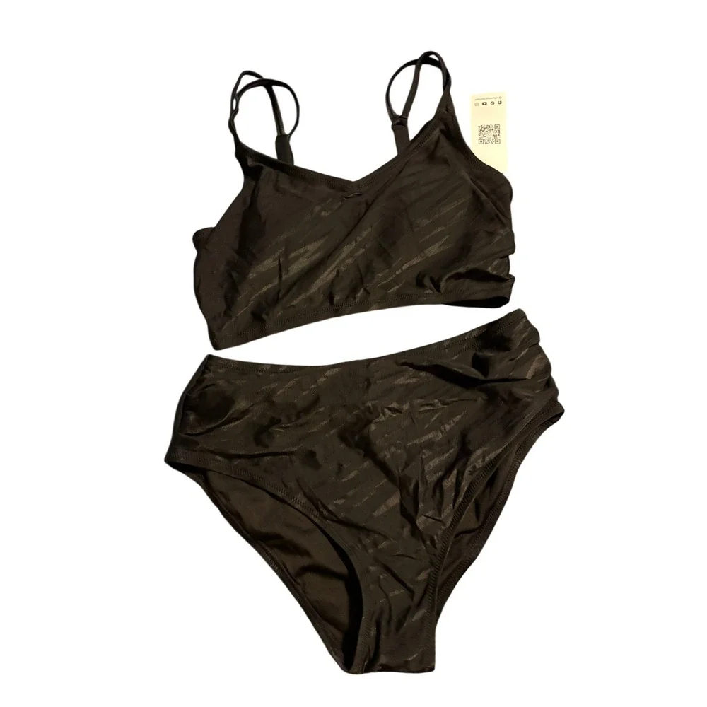 NWT Charmo‎ Black High Waisted Bikini Set Two Piece Swimsuit Zebra Stripe Small